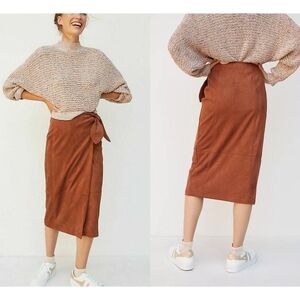 Anthropologie Lauren Brown Sueded Wrap Midi Skirt Size L
